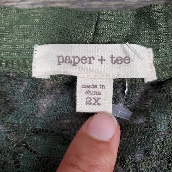 Paper + Tee Green Floral Lace Panels Open Front Cardigan Size 2X Plus - Picture 2 of 8